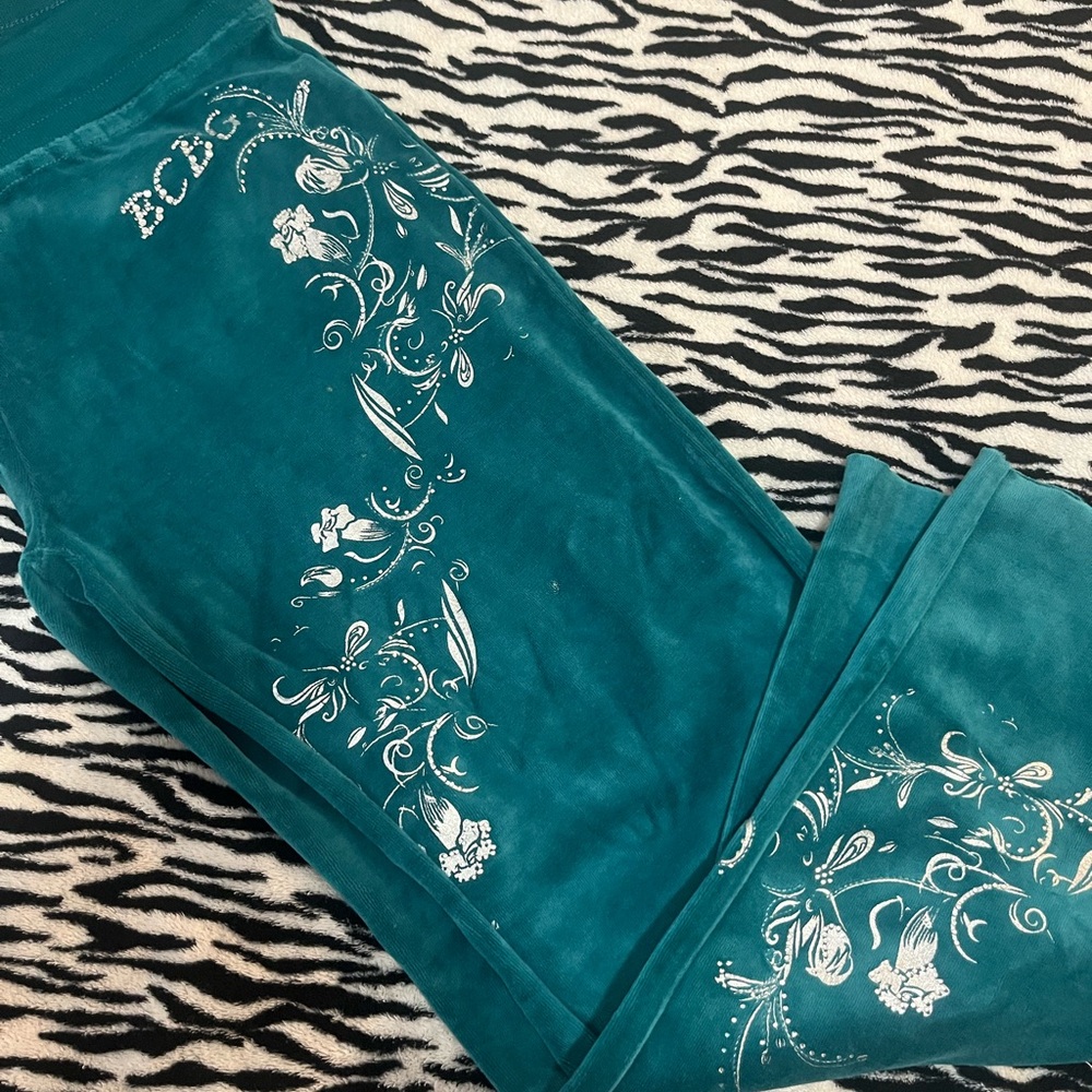 BCBG Paris Teal Pants with White Floral Design